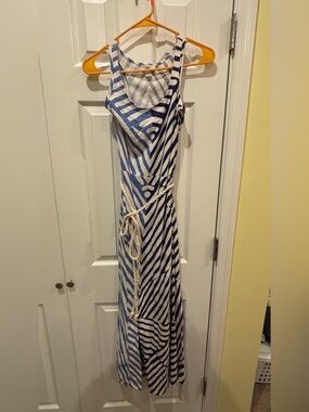 LOFT Blue and White Striped Sleeveless Maxi Dress with Rope Belt